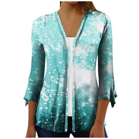 SENDKEEL Womens Summer Tops 7786 Women S Fashion Loose Casual Printed Seven-Part Sleeve Button Down Blouse Cardigan Top