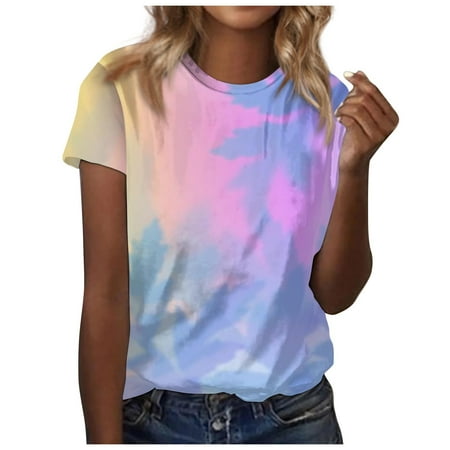 SENDKEEL Womens Summer Tops 7263 Women S Gradient Printed Short Sleeved Round Neck Front Shoulder Retro Short Sleeved Summer Loose Fitting Shirt Top