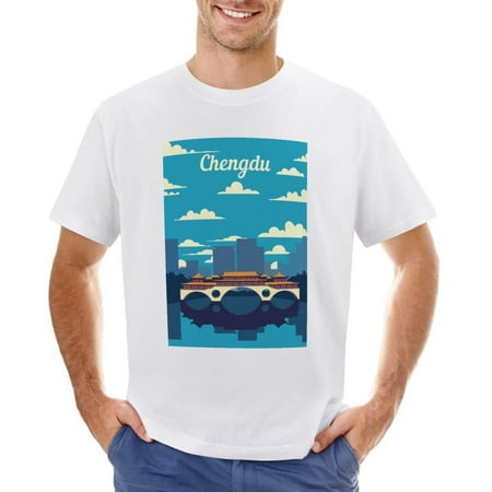 Chengdu Men’s Graphic T-shirt Vintage Short Sleeve Sport Tee White L