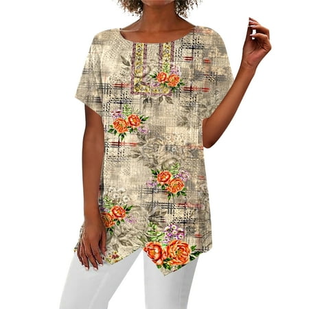 SENDKEEL Womens Summer Tops 3439 Women S Summer Shirt Blouse Print Short Sleeve Casual Basic Round Neck Irregular Hem T-Shirt