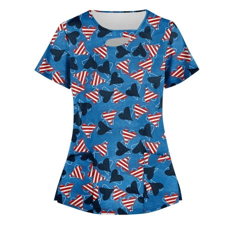 GDfun Summer Tops 5797 Womens Tops Stretchy Fashion Printed Work with Pocket T-Shirt Short Sleeve Top