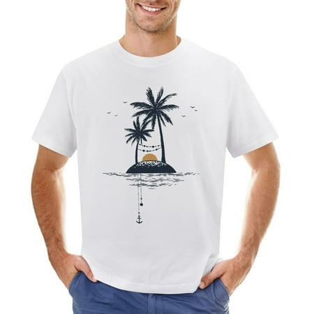 Island with Palms Men’s Graphic T-shirt Vintage Short Sleeve Sport Tee White L