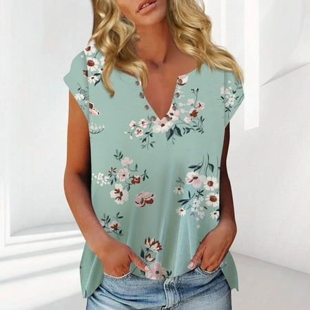 BallsFHK Womens Fashion Summer Casual Boho Tops Floral Print Short Sleeve Blouses Loose V Neck T Shirts Summer Tops for Women 2313 Trendy