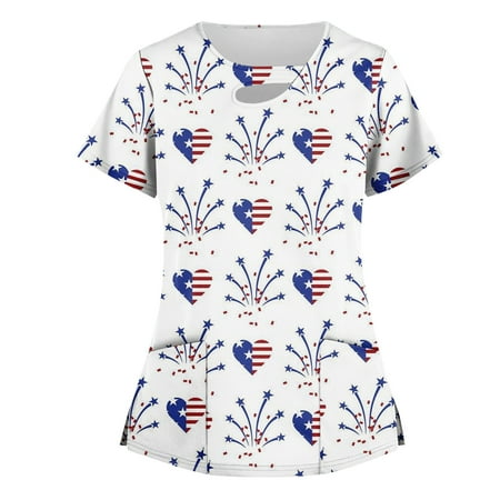 SENDKEEL Womens Summer Tops 6222 Women S Top Stretchy Fashion Independence Day Print Work with Pocket Short Sleeve T-shirt