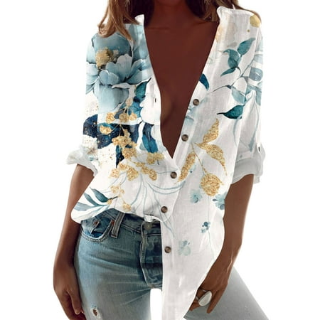 GDfun Summer Tops 2313 Women S Casual Buttons Print Shirts Long Sleeve Oversized Tunic Blouses Tops