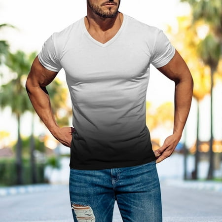 FreshLook Men S Tops  Tees & Blouses Mens T Shirts Casual Short Sleeve Shirts Gradient Neck Soft Loose Fit Graphic Tees Summer Tshirts for Men White/L