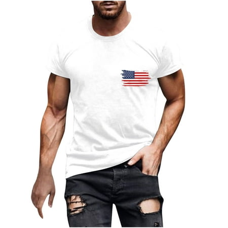 Yeahitch Men S Short Sleeve Graphic T-shirt Holiday Casual Losse Fit Independence Day Crew Neck Tee Fashion White L
