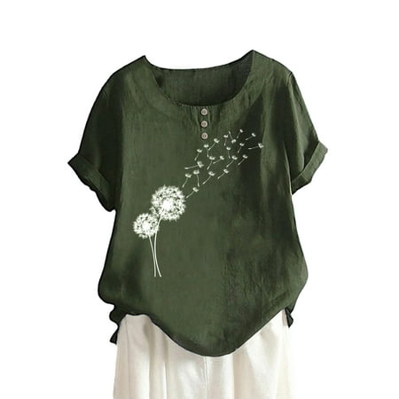 GWAABD Long Tee Shirts Women Summer Round Neck Button Cotton and Linen Dandelion Print Short Sleeve T Shirt Top Blouse