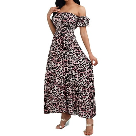 Bigersell Elegant Dresses for Women Summer Leopard Printed Slimming One Shoulder Short Sleeve Dresses Wedding Dresses Women a-Line Dresses  Style 3252