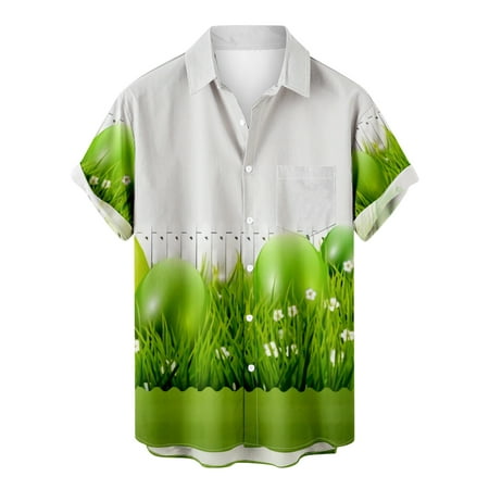 Ersazi Clearance T Shirts for Man Men Casual Buttons Printing with Pocket Turndown Short Sleeve Shirt Blouse Men Graphic Tees 1- White Tees for Men L