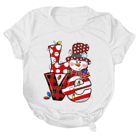 CLZOUD Business Shirts for Women White Women Casual Merry Printing Shirts Round Neck Short Sleeve Tee Tops Tunic Blouse Xl