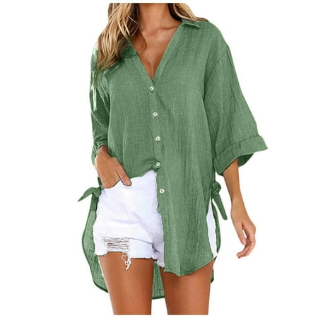 GWAABD Crewneck for Women Ladies Button Shirt Cotton Casual Dress Tops Loose T-Shirt Blouse Long Womens Women S Blouse
