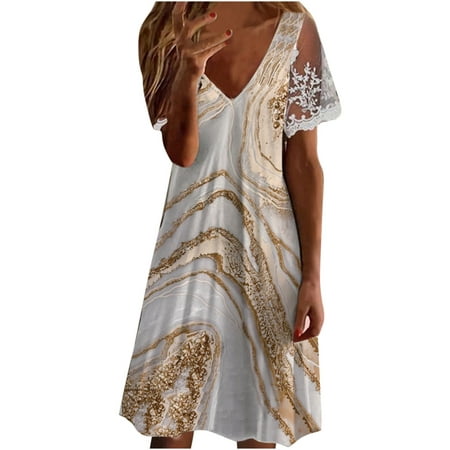 Bigersell Summer Dresses for Women Fashion Printed Lace Short Sleeve V-neck Long Dress Cocktail Dress Regular Shift Dresses  Style 3119  Khaki XXL