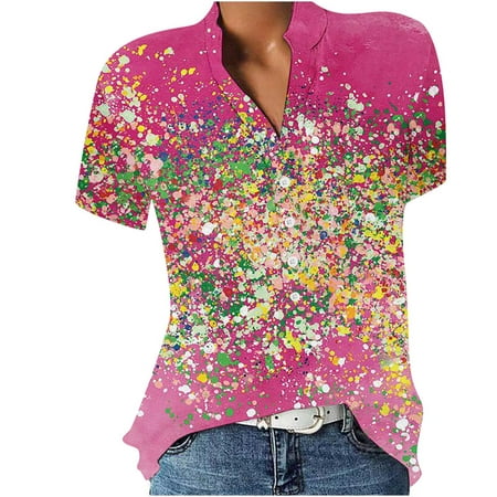 CLZOUD Soft T Shirts for Women Pink Women V Neck Blouse Short Sleeve Tunic Shirts Floral Print Tee Shirts Lightweight Tops Xl