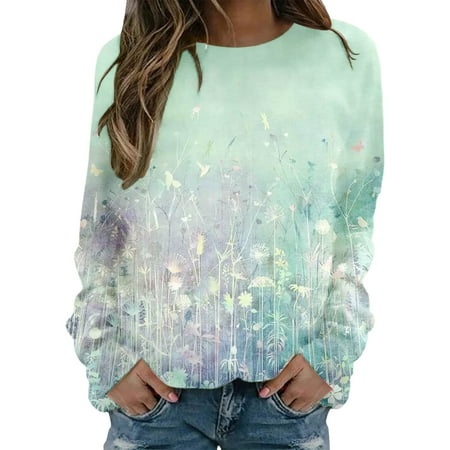 GWAABD Sweatshirts Without Hoods Women Casual Round Neck Watercolor Floral Print Long Sleeve Pullover Hoodie
