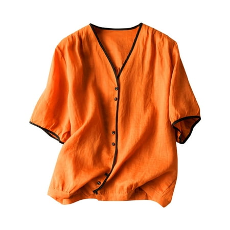GWAABD Summer Sweatshirts for Women Fashion Tops Solid Color Cotton Linen Shirts Loose Dolls Small Shirts Three Quarter Sleeve Shirts