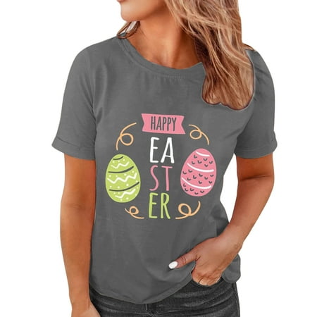 CLZOUD Casual Summer T Shirts Grey Womens Fashion Short Sleeved Print Round Neck T Shirt Top L