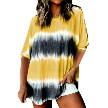 CLZOUD Blouses for Women Casual Yellow Women S Loose Large Size Tie Dye Gradual Color Change Round Neck Short Sleeve T Shirt S