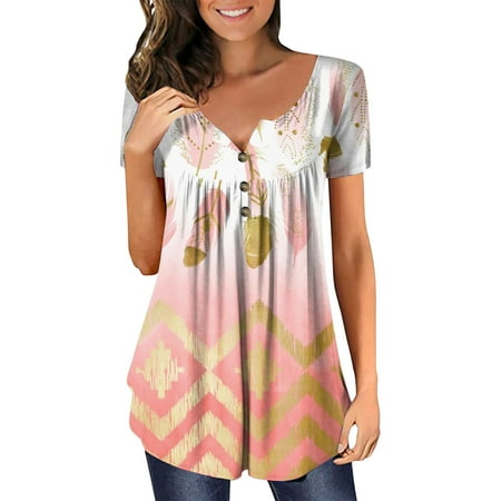 CLZOUD Shirts for Women Casual Summer Pink Women Summer Fashion Tops Button Short Sleeve Henley T Shirt Tops Xxl