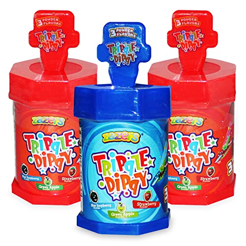 Lollipop and Sour Powder Candy, 3 Pack of Zazers Assorted Triple Dippy Candy, Pop Candy with 3 Flavored Sour Candy Powder (Kosher, 1.23 OZ Each Bottle