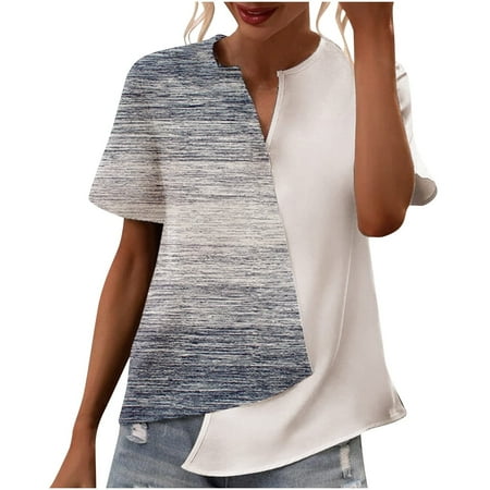 CLZOUD Women Blouses for Work Yellow Women S Patchwork Color Patchwork Printed V Neck Irregular T Shirt Top L