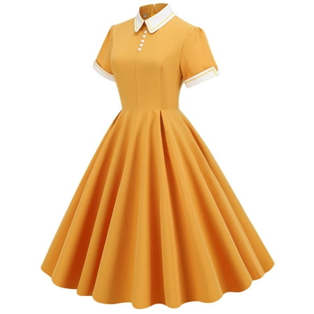 Bigersell Dress for Women Woman Fashion Solid Contrast High Neck Doll Collar Lapel Mid Length Dress Women a-Line Dress Style 4973  Female Cropped Dres