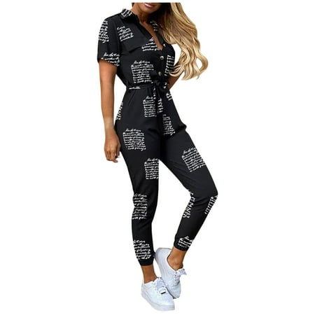 GWAABD Full Bodysuit Short Casual Summer Women Print Overalls Sleeve Jumpsuit with Belt Pants Women S Jumpsuit