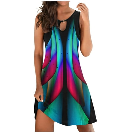 Casual Dress for Women Summer Sleeveless Floral Print Sun Loose Beach Mini Dresses