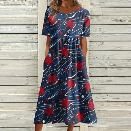 Perfect Summer Gift HIMIWAY Maxi Cheap MIDI Wedding Guest Plus Size Women 6222 Summer Loose Casual Large Size Patriot V-Neck Sleeveless Dress Red XXXL