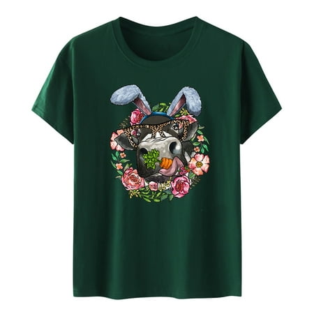 CLZOUD Womens Tops Casual Summer Cotton Easter T Shirt Female Rabbit Print Short Sleeve Large Size Women L