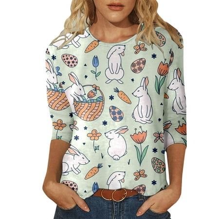 GWAABD Womens Tops for Work Business Casual Women Casual Cute Easter Printed Round Neck Three Quarter Sleeve T Shirt Top