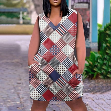 Perfect Summer Gift HIMIWAY Maxi Cheap MIDI Wedding Guest Plus Size Women 4890 Summer Loose Casual Large Size Patriot V-Neck Sleeveless Dress Gray L