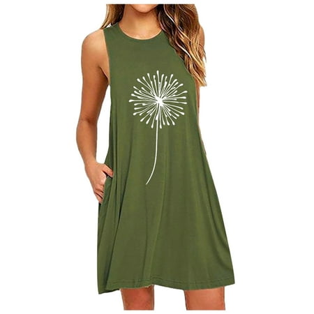 Casual Dress for Women Summer Pocket Dandelions Fashion Printing Sleeveless Night Dresses