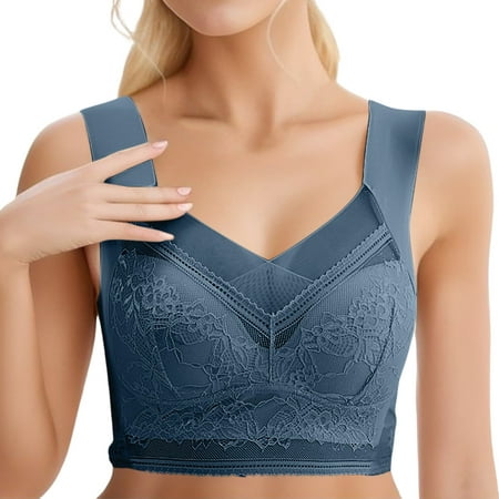 CLZOUD Womans Bras Lace Back Bra Thin Gathered Traceless Tank Top Underwear No Steel Rim Anti Drop Bra Navy XL