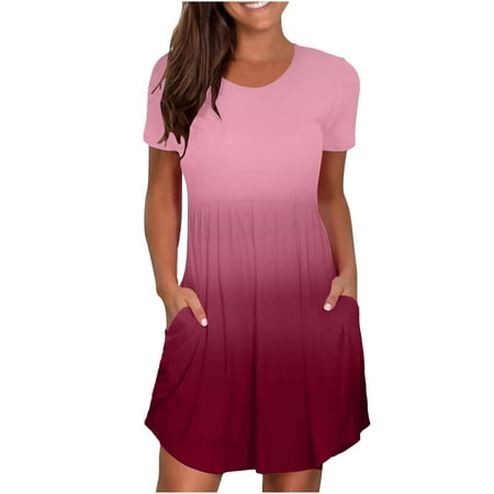 CLZOUD Summer Dresses for Women Polyester Spandex Women Summer Short Sleeve Dresses Casual Plain Simple T Shirt Loose Dress Pleated Swing Dress with P