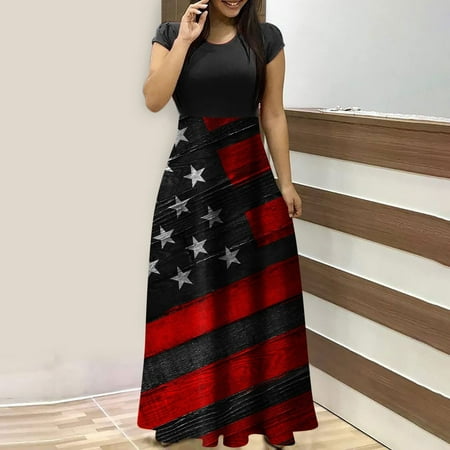 Perfect Summer Gift HIMIWAY Maxi Cheap MIDI Wedding Guest Plus Size Women 7751 Summer Loose Casual Large Size Patriot V-Neck Sleeveless Dress Red XXXL
