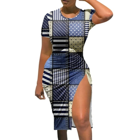 CLZOUD Flowy Summer Dresses Dark Blue Polyester Spandex Women Casual Fashion Short Sleeve Drawstring Slit Denim Print Dress Xl