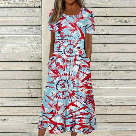 Perfect Summer Gift HIMIWAY Maxi Cheap MIDI Wedding Guest Plus Size Women 5105 Summer Loose Casual Large Size Independence Day V-Neck Sleeveless Dress