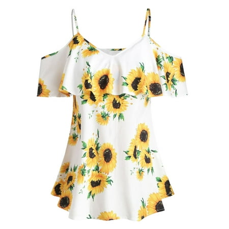 GWAABD Strapless Tank Tops for Women Printed Sleeve Sunflower Ruffles Short Women Plus Camis Cold Shouder Size Blouse Women S Blouse