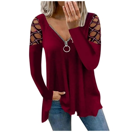 CLZOUD Shirt Women Women Lady S Tops V Neck Hollow Sleeve Rhinestone Solid Blouse Tunic T-Shirt Xl