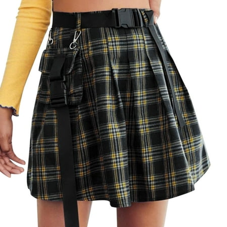 GWAABD Ruched Cargo Skirt Women Plaid Print Lace Skirts High Waist Gothic Kawaii Lace up Ruffles Short Skirts Streetwear with Belt
