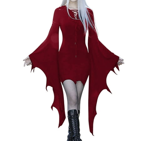 CLZOUD Summer Dress for Women Red Polyester Spandex Gothic Dress for Women Plus Size Cold Shoulder Butterfly Sleeve Mesh Lace Vintage Dress for Carniv