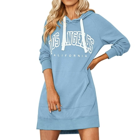 CLZOUD Dresses Casual Blue Polyester Women Autumn Letter Print Hoodie Dress S