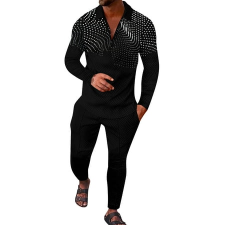 GWAABD Men S Hawaiian Shirts Sets Male Casual 3D Print Two Piece Suit Zipper Collar Long Sleeve Top Blouse Suit Drawstring Pocket Pants Set