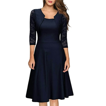 GWAABD Coctail Dresses Knee Length Womens Dresses Evening Party Formal Women S Winter Square Neck Large Hem Dress Vintage Floral Lace Dress