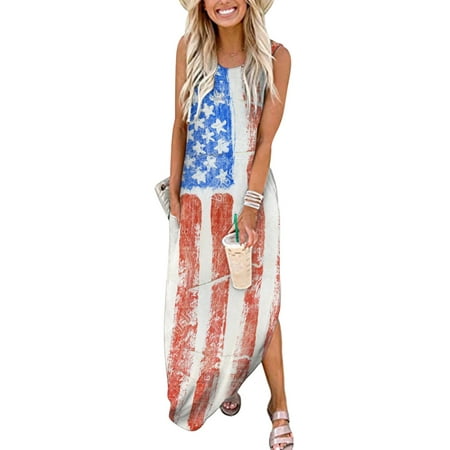 Perfect Summer Gift HIMIWAY Maxi Cheap MIDI Wedding Guest Plus Size Women 9598 Summer Loose Casual Large Size Patriot V-Neck Sleeveless Dress Blue S