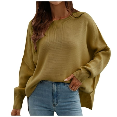 Womens Fall Fashion 2723 Fall Sweaters for Women 2023 Long Sleeve Crewneck Solid Color Women Knit Sweaters Pullover with Side Shirring