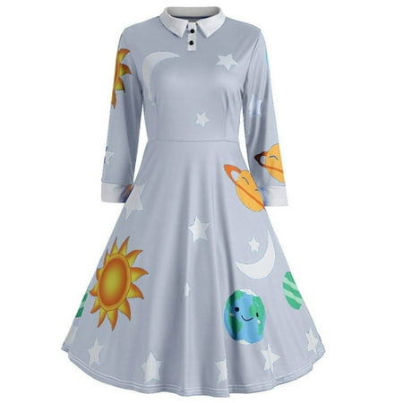 Shusuen Fashion Womens Sun and Moon Star Print Botton Long Sleeve Flare Vintage Dress Dresses for Women 2518