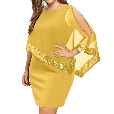 Casual Dress for Women Summer Plus Shoulder Overlay Cold Size Strapless Sequins Chiffon Asymmetric Dresses