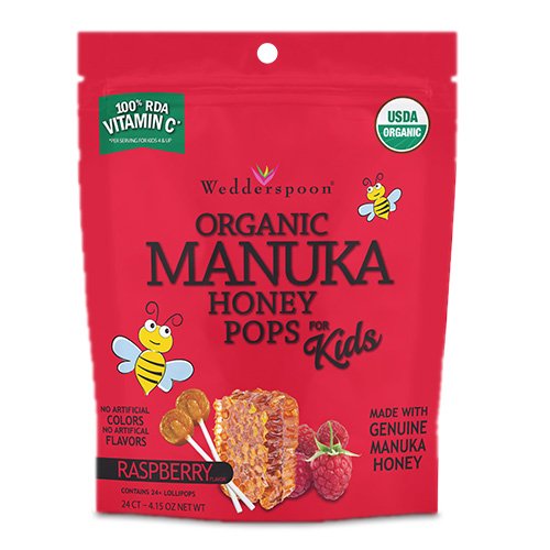 Wedderspoon Organic Manuka Honey Pops for Kids Raspberry 24 Pops